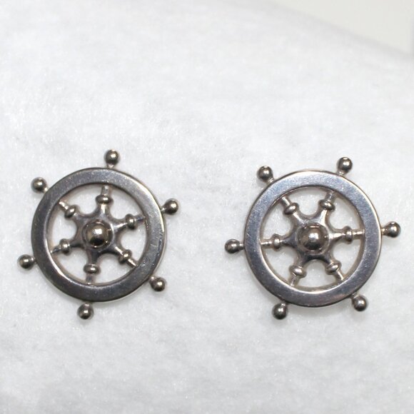 Unbranded Silver Tone Nautical Ship's Wheel Push Back Pierced Earrings - Picture 10 of 11